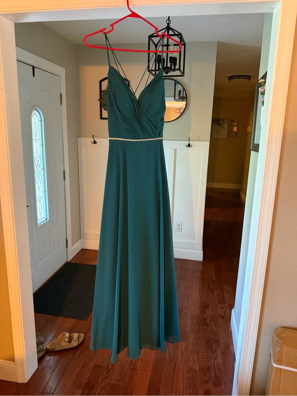 Teal Strappy V-Neck Evening Dress with rhinestone belt